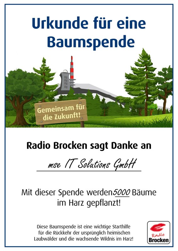 Spendenurkunde, "Radio Brocken Baum-Schenken"-Projekt